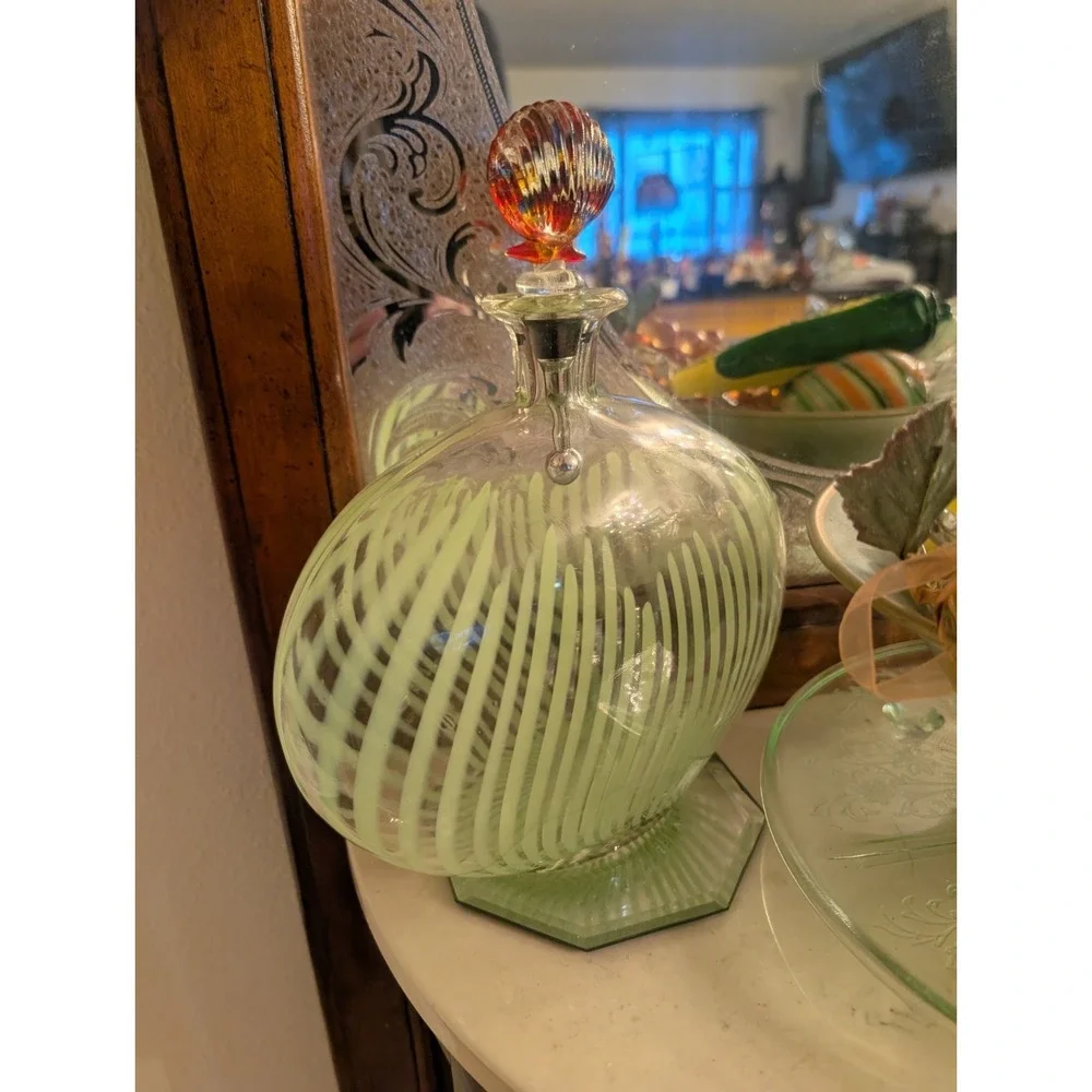 Retired Pier 1 Glass Vase W/ Green Stripes & Pier 1 Blown Glass Shell Stopper